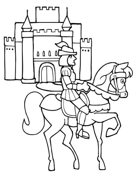 Coloring pages knights on horses. Knight Riding Horse In Front Of Medieval Castle Coloring ...