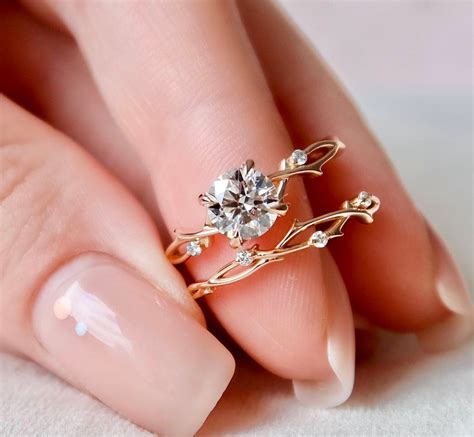 1 Ct Dainty Twig Engagement Set Rose Gold Branch Bridal Set Etsy