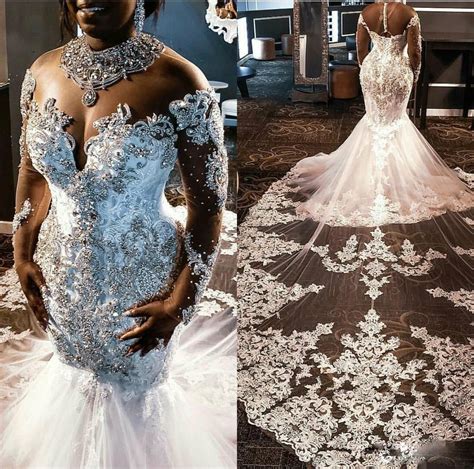 African Mermaid Wedding Dresses Luxury Crystals Major Beading Vestidos De Long Sleeves Plus Size