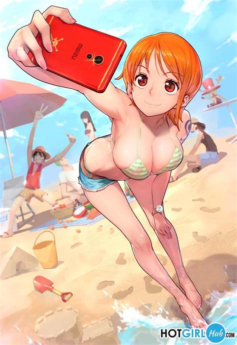One Piece Hentai Nami In See Through Bikini Top Taking Selfie
