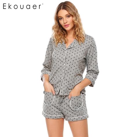 Ekouaer Casual Sleepwear Summer Dot Print Button Shirts Elastic Waist Shorts Pajama Set Women