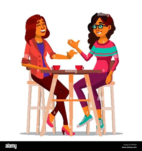 Two Woman Friends Drinking Coffee Vector Best Friends In Cafe Sitting