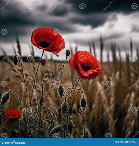 Two Red Poppies In Field Under Cloudy Sky Stock Illustration