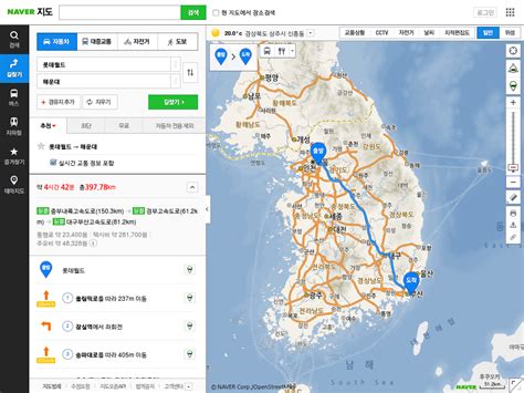 The google maps driving directions works on a globe of the earth and you can use it from any side you want. Bing Maps shows driving directions in Korea