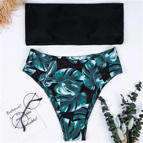 buy bandeau green leaves female swimsuit high waist bikini 2019 women swimwear