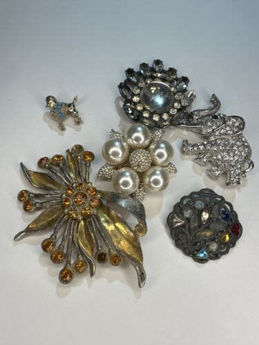 Lot Of Broken Pin Brooches For Parts Repair Harvest Crafting Rhinestone