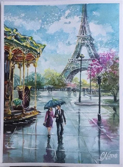Orignal Painting Paris Watercolor Painting Rainy Street Paris Painting