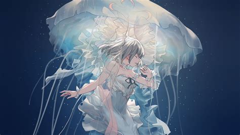 Desktop Wallpaper Underwater Anime Girl Close Eyes Jellyfish Hd