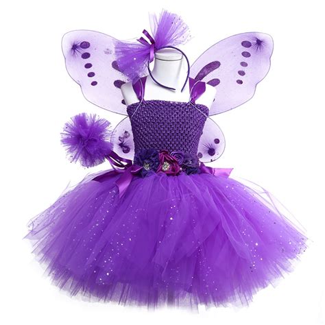Girls Purple Butterfly Fairy Tutu Dress Kids Flower Dress Glitter Tulle
