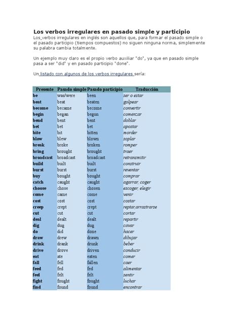 Los Verbos Irregulares En Pasado Simple Y Participio Linguistic