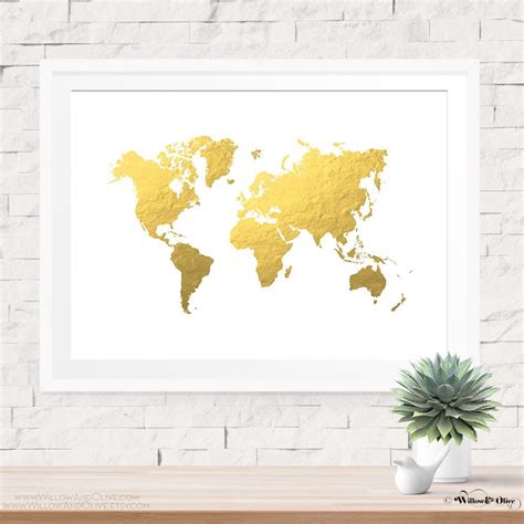 Gold World Map Printable Art Instant Download Faux Gold Foil Gold
