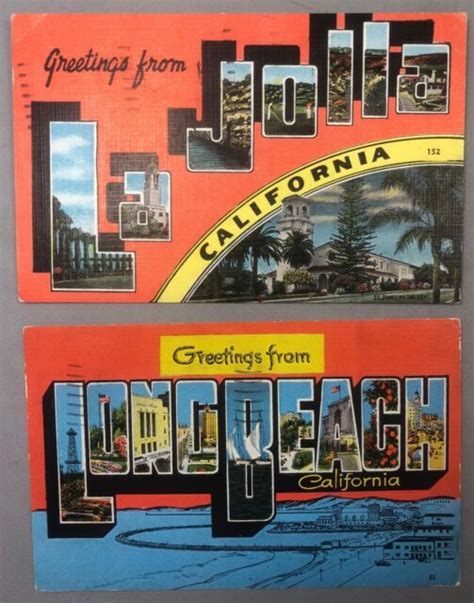 2 1950s Long Beach California La Jolla Big Large Letter Postcard