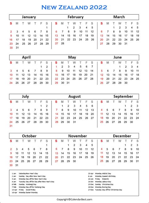 Calendar 2022 With Public Holidays New Zealand
