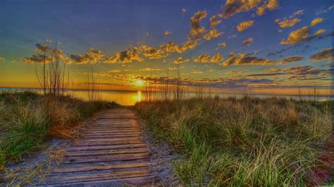 Wooden Path Water Sky Sea Clouds Sun High Definition Nature
