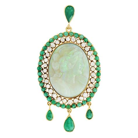 Fine Opal Cameo Emerald And Diamond Set Gold Pendant For Sale At 1stdibs