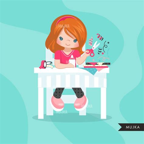 Scrapbooking Girl Crafty Character Clipart Graphics Card Etsy