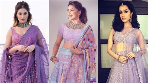 Embellished Lilac Lehengas Look Nargis Fakhri Madhuri Dixit और