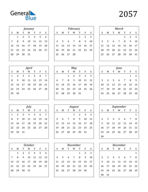 2057 Calendar Pdf Word Excel