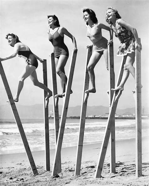 40s Bathing Suits Found Photo Four Young Women Try Their Stilt Walking