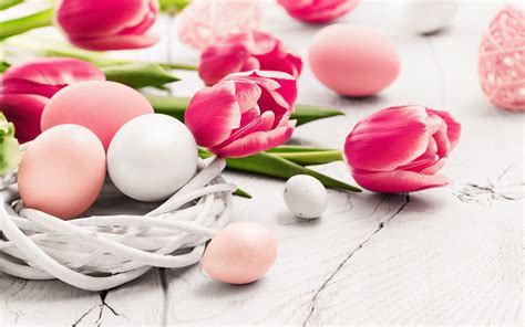 Download Wallpapers Spring Easter Pink Tulips Eggs Easter
