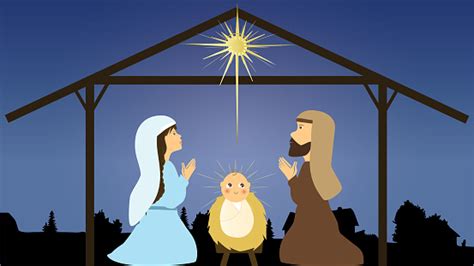 Mary Joseph And Cute Baby Jesus In Stable Stock Illustration Download