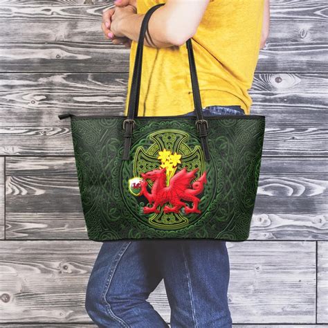 Welsh Dragon With Celtic Cross And Daffodils Leather Tote The Symbol