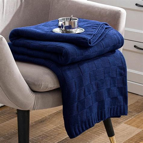 Milvowoc Navy Knitted Throw Blanket Soft Checkered Throw Blanket Cozy