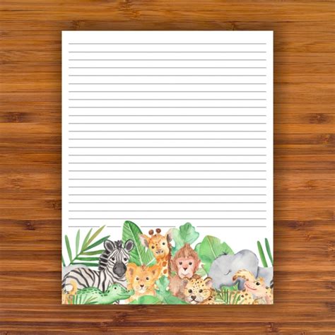 Printable Lined Writing Paper Jungle Animals A4 85x11 Etsy