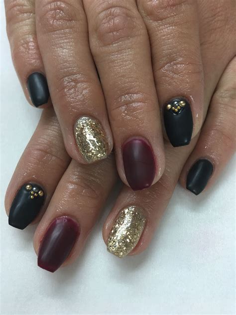 1 gel manicures can damage your nails. Matte Black Burgundy & Gold Glitter Fall Gel Nails | Fall ...