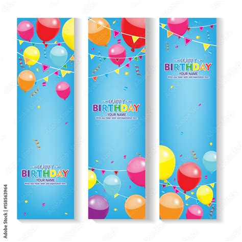 Editable Blue Vertical Happy Birthday Banner With Balloon And Confetti Decoration Set X Banner
