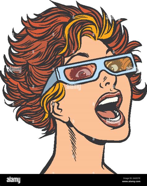 Woman In Movie Stereo Glasses Pop Art Retro Vector Illustration