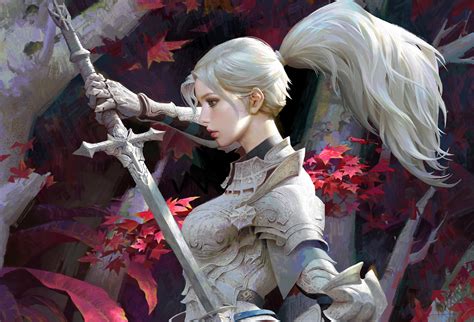 Armor Girl Knight Ponytail Sword White Hair Woman Warrior Wallpaper