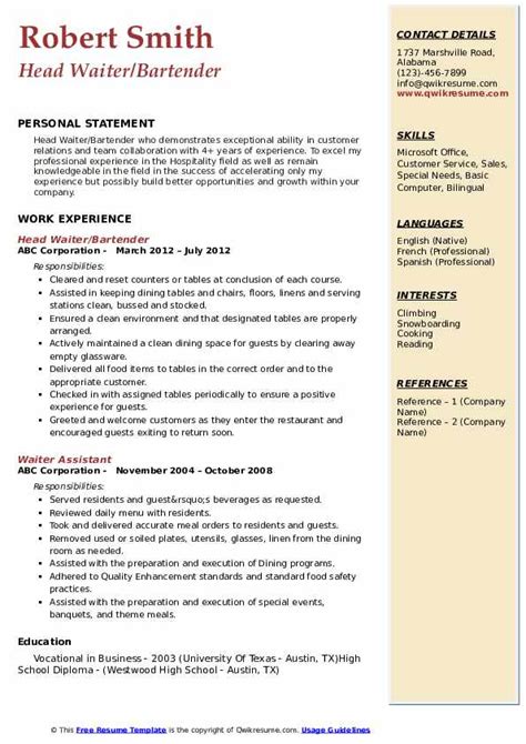 Waitress Resume Template