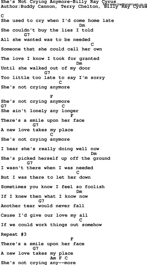 Country Music She S Not Crying Anymore Billy Ray Cyrus Lyrics And Chords