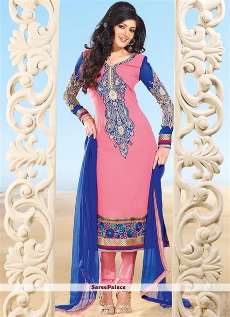 Pink Embroidered And Patch Georgette Churidar Suit Churidar Suits Churidar Suits