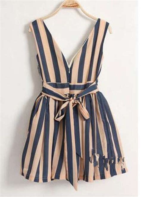 Blue Stripe Dark V High Waist Tank Dress Sheinsheinside