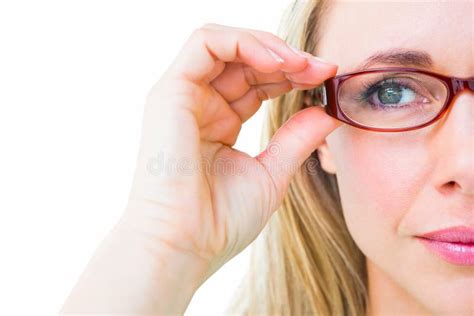 Close Up Of Pretty Blonde With Red Reading Glasses Stock Image Image Of Hair Reading 49271293