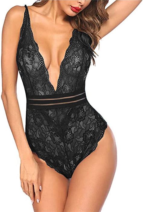 Amazon Com DIOMOR Women One Piece Lingerie Deep V Backless Teddy Sexy Black Lace Body Jumpsuit