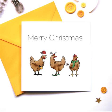 Three Festive Hens Christmas Card Yellow Chicken House