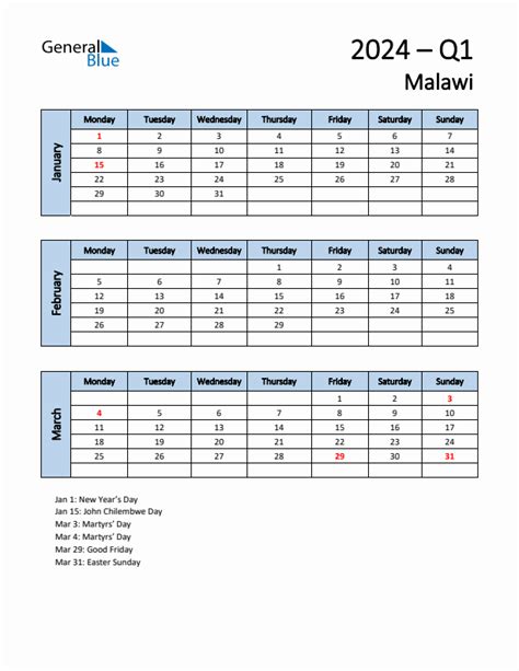 Three Month Calendar For Malawi Q1 Of 2024