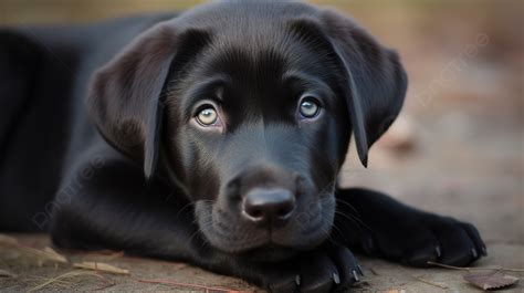 Black Lab Puppy With Blue Eyes Laying On The Ground Background