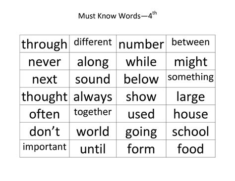 Fourth Grade Sight Words Printable Must Know Words 4th Grade Words