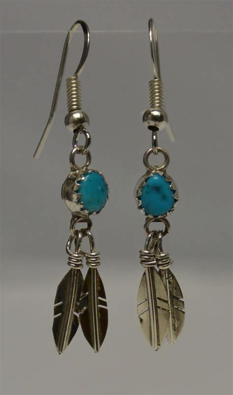Turquoise Feather Earrings Sterling Silver Native American Navajo