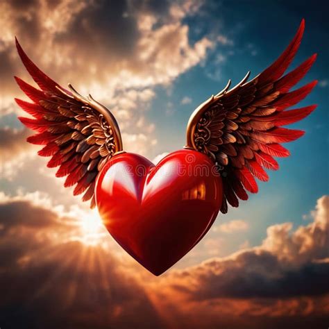 Heart With Wings Flying In Sky Romantic Love Soaring Stock