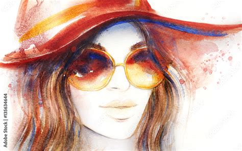 Abstract Woman Face Fashion Illustration Watercolor Painting Stock