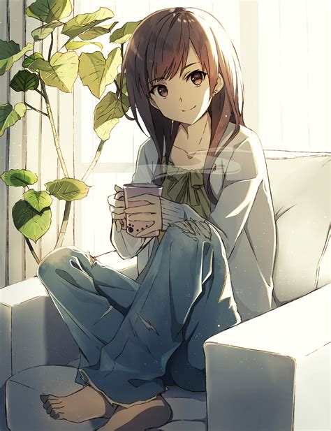 Anime Girls Sitting Barefoot Jeans Torn Jeans Cup Brunette Brown Eyes