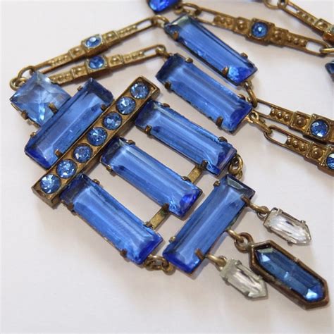 Antique Art Deco Blue Rhinestone Czech Glass Pendant Necklace Jewelry