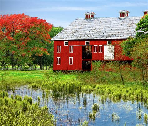 Red Barn With Pond By Melinda Moore
