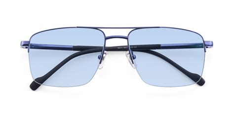 Blue Double Bridge Rectangle Semi Rimless Tinted Sunglasses With Light Blue Sunwear Lenses 19013