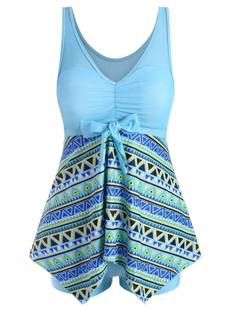 Geo Print Ruched Mesh Panel Tankini Swimwear 32 Off Rosegal